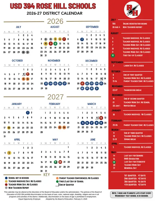 USD 394 Rose Hill Schools 2026–2027 Academic Calendar