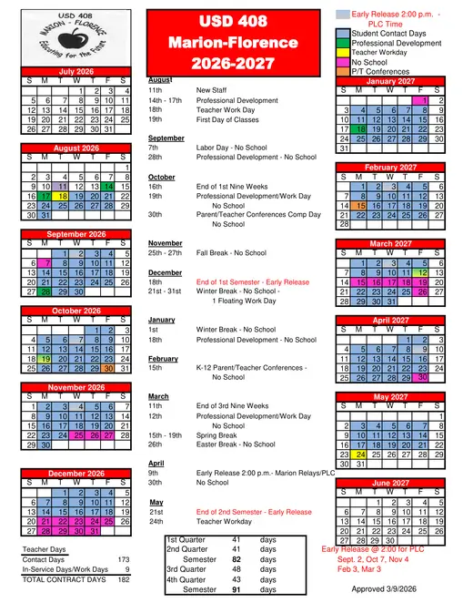 USD 408 Marion-Florence 2026–2027 Academic Calendar