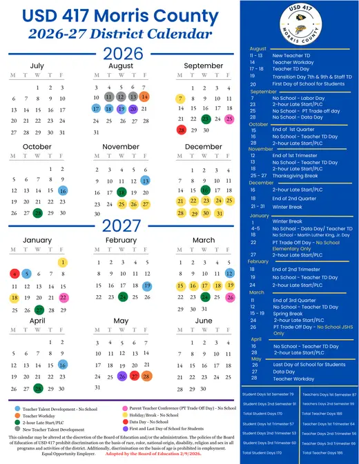 USD 417 Morris County 2026–2027 Academic Calendar