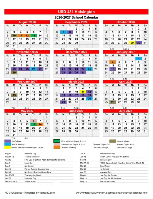 USD 431 Hoisington 2026–2027 Academic Calendar