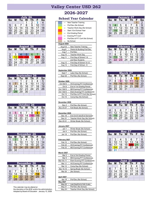 Valley Center USD 262 2026–2027 Academic Calendar