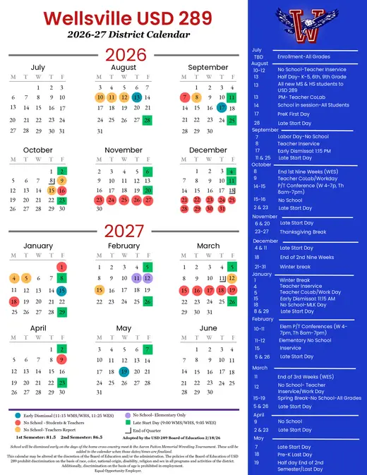 Wellsville USD 289 2026–2027 Academic Calendar