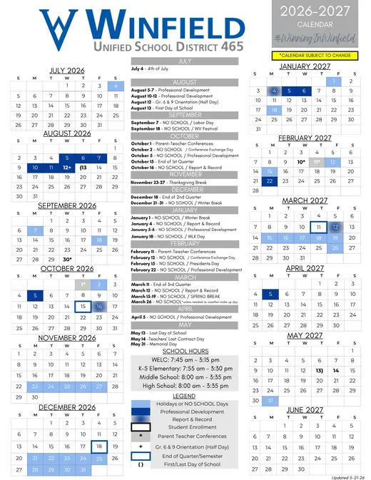Winfield USD 465 2026–2027 Academic Calendar Page 2