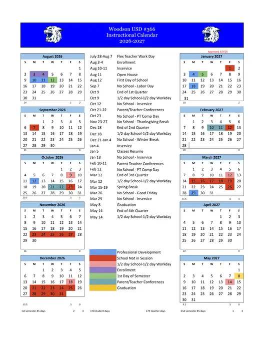 Woodson USD #366 2026–2027 Academic Calendar