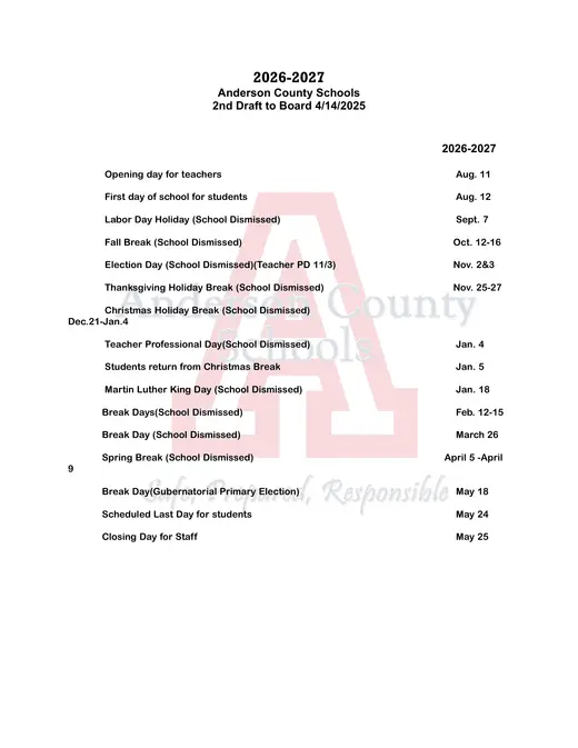 Anderson County Schools 2026–2027 Academic Calendar Page 1