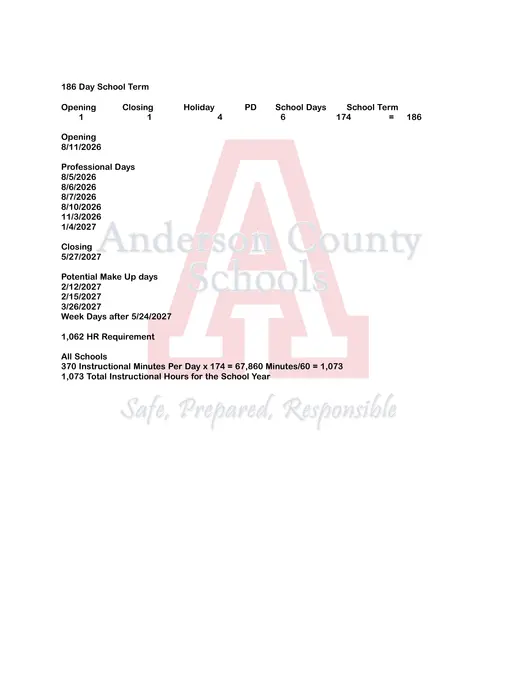 Anderson County Schools 2026–2027 Academic Calendar Page 2