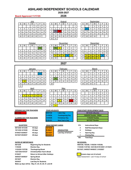 Ashland Independent Schools 2026–2027 Academic Calendar