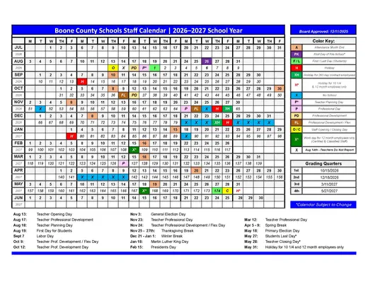 Boone County Schools 2026–2027 Academic Calendar Page 1