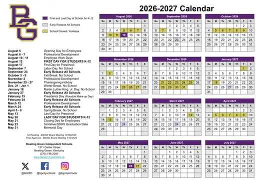 Bowling Green Independent Schools 2026–2027 Academic Calendar Page 2