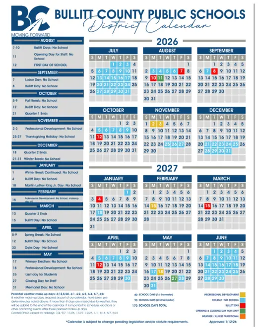 Bullitt County Public Schools 2026–2027 Academic Calendar Page 1
