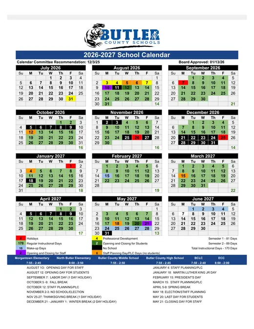 Butler County Schools 2026–2027 Academic Calendar