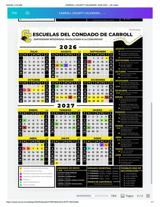 Carroll County Schools 2026–2027 Academic Calendar