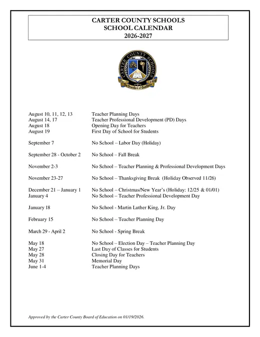 Carter County Schools 2026–2027 Academic Calendar
