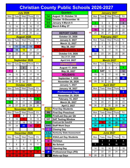 Christian County Public Schools 2026–2027 Academic Calendar
