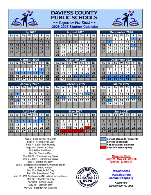 Daviess County Public Schools 2026–2027 Academic Calendar