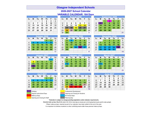 Glasgow Independent Schools 2026–2027 Academic Calendar Page 1
