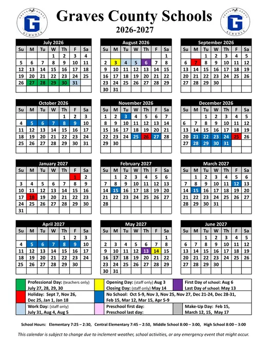 Graves County Schools 2026–2027 Academic Calendar