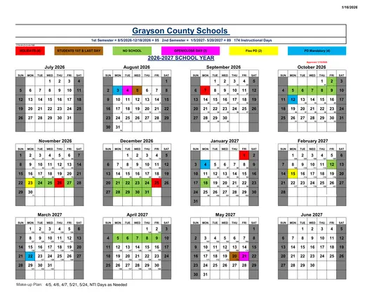 Grayson County Schools 2026–2027 Academic Calendar