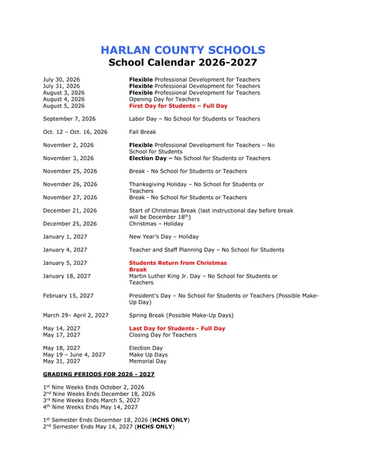 Harlan County Schools 2026–2027 Academic Calendar
