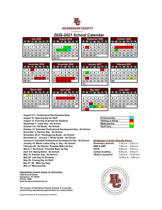 Henderson County Schools 2026–2027 Academic Calendar