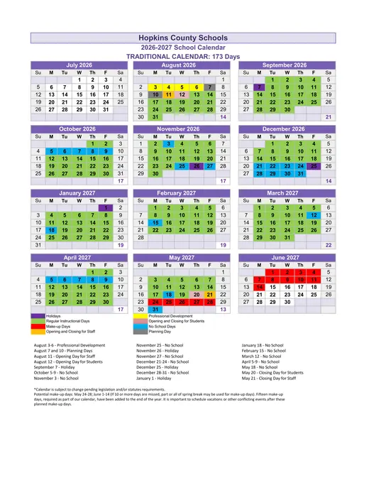 Hopkins County Schools 2026–2027 Academic Calendar