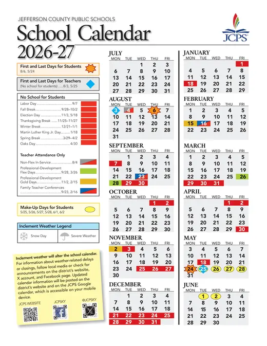 Jefferson County Public Schools 2026–2027 Academic Calendar Page 1