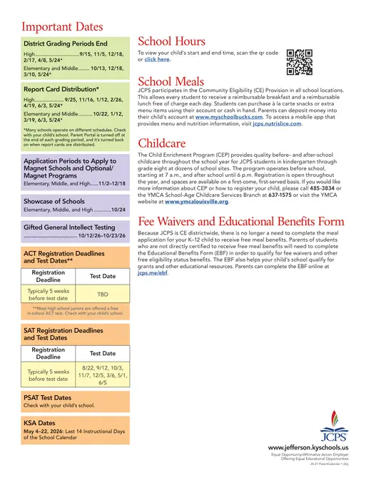 Jefferson County Public Schools 2026–2027 Academic Calendar Page 2