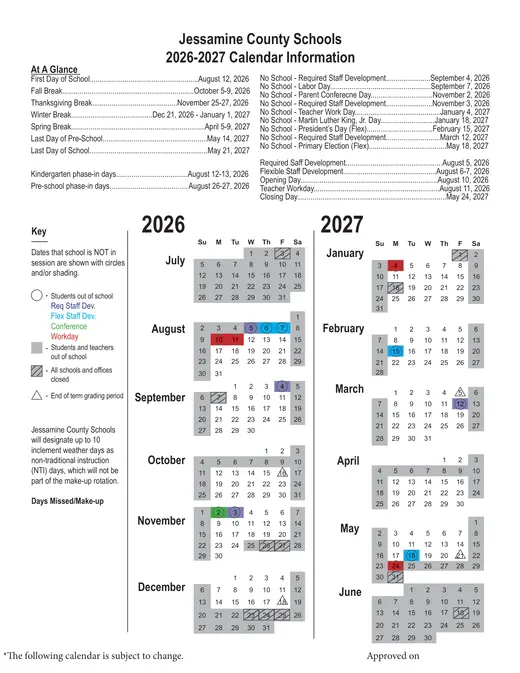 Jessamine County Schools 2026–2027 Academic Calendar