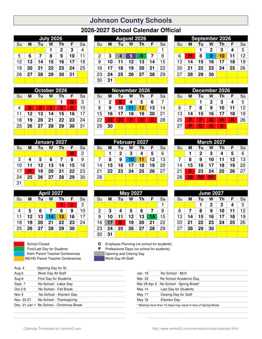 Johnson County Schools 2026–2027 Academic Calendar