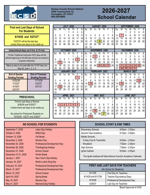 Kenton County School District 2026–2027 Academic Calendar