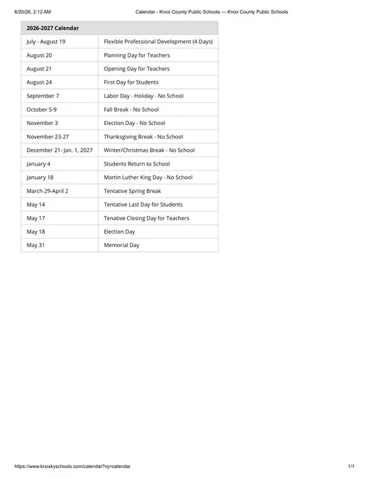 Knox County Public Schools 2026–2027 Academic Calendar