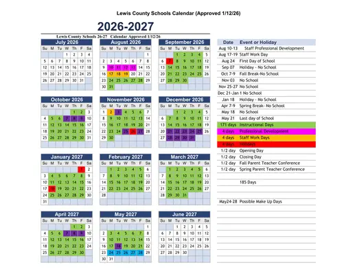 Lewis County Schools 2026–2027 Academic Calendar
