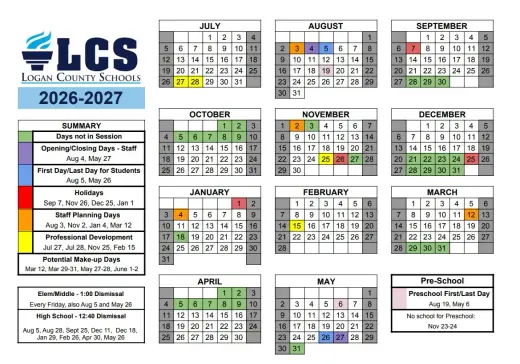 Logan County Schools 2026–2027 Academic Calendar Page 1