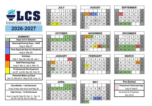 Logan County Schools 2026–2027 Academic Calendar Page 2