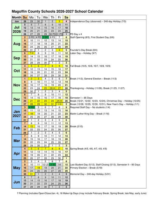 Magoffin County Schools 2026–2027 Academic Calendar