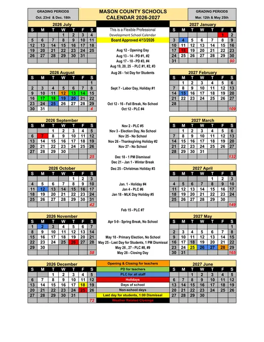 Mason County Schools 2026–2027 Academic Calendar Page 1