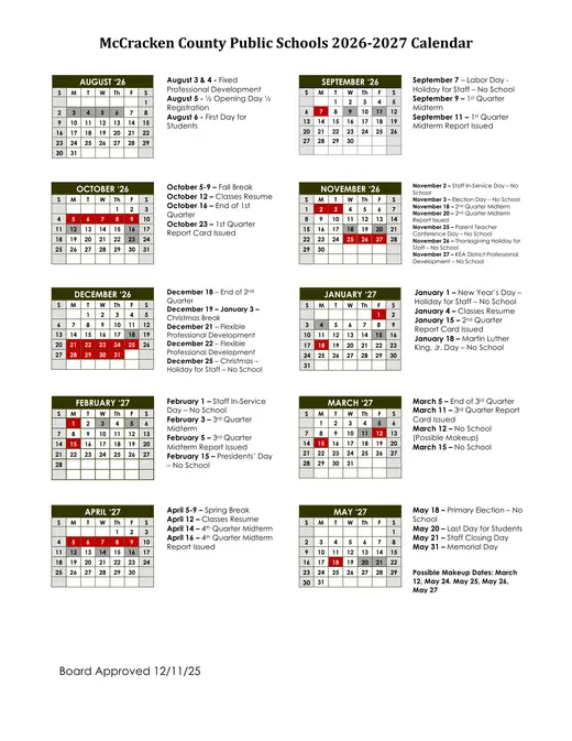 McCracken County Public Schools 2026–2027 Academic Calendar