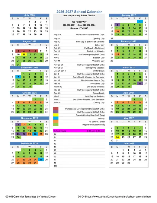 McCreary County School District 2026–2027 Academic Calendar