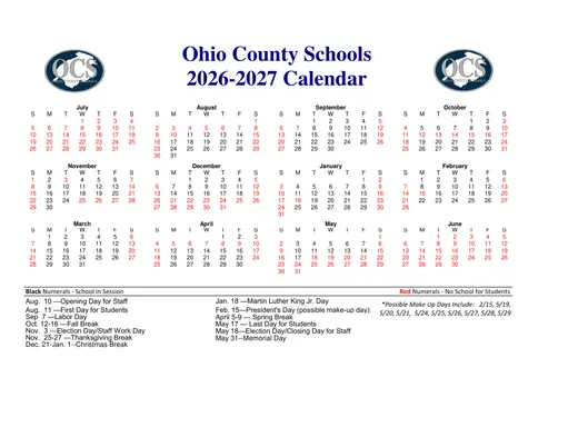 Ohio County Schools 2026–2027 Academic Calendar
