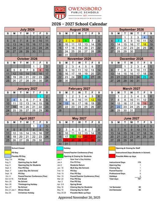 Owensboro Public Schools 2026–2027 Academic Calendar