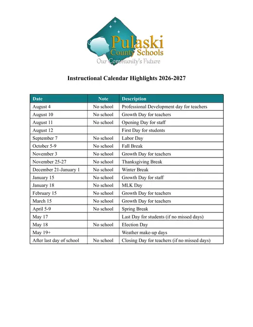 Pulaski County Schools 2026–2027 Academic Calendar