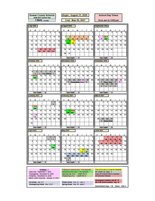 Rowan County Schools 2026–2027 Academic Calendar Page 1