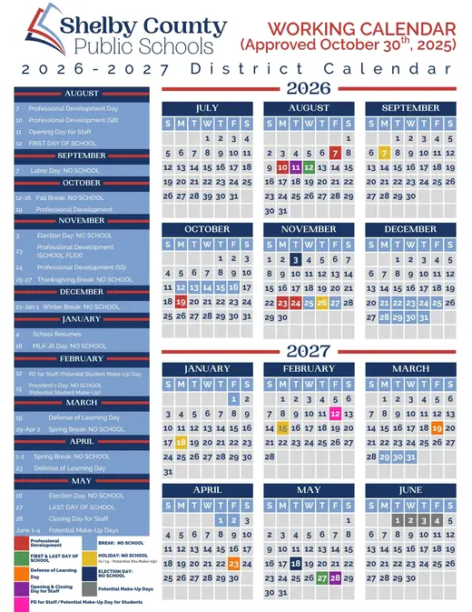 Shelby County Public Schools 2026–2027 Academic Calendar Page 1