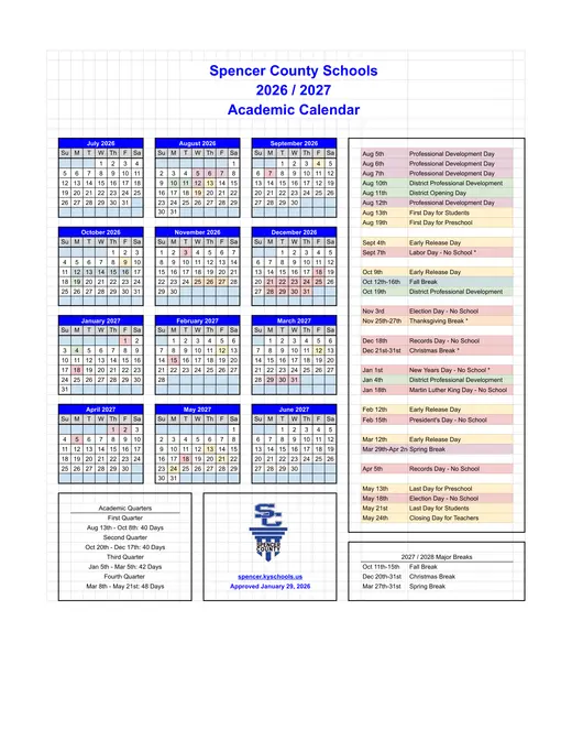 Spencer County Schools 2026–2027 Academic Calendar