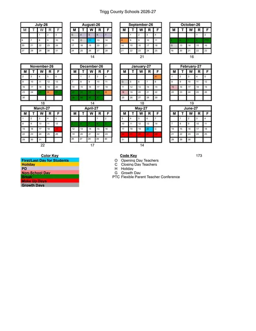 Trigg County Schools 2026–2027 Academic Calendar