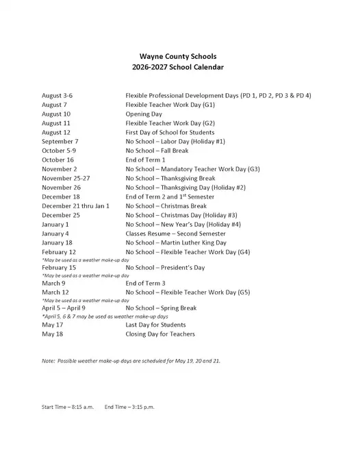 Wayne County Schools 2026–2027 Academic Calendar Page 2