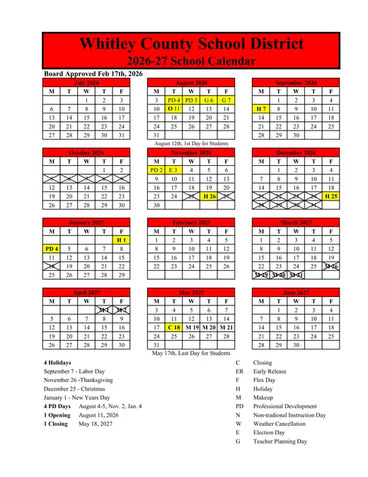 Whitley County School District 2026–2027 Academic Calendar