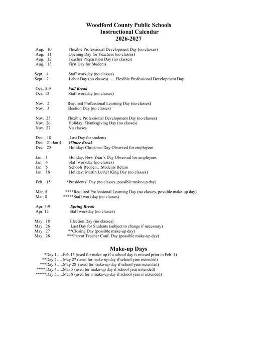 Woodford County Public Schools 2026–2027 Academic Calendar