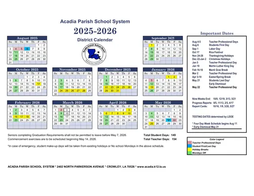 Acadia Parish School System 2026–2027 Academic Calendar Page 1