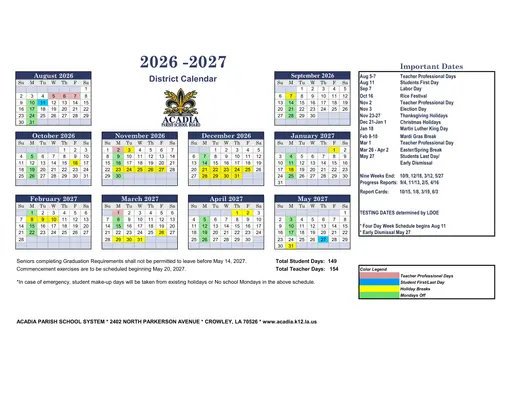 Acadia Parish School System 2026–2027 Academic Calendar Page 2